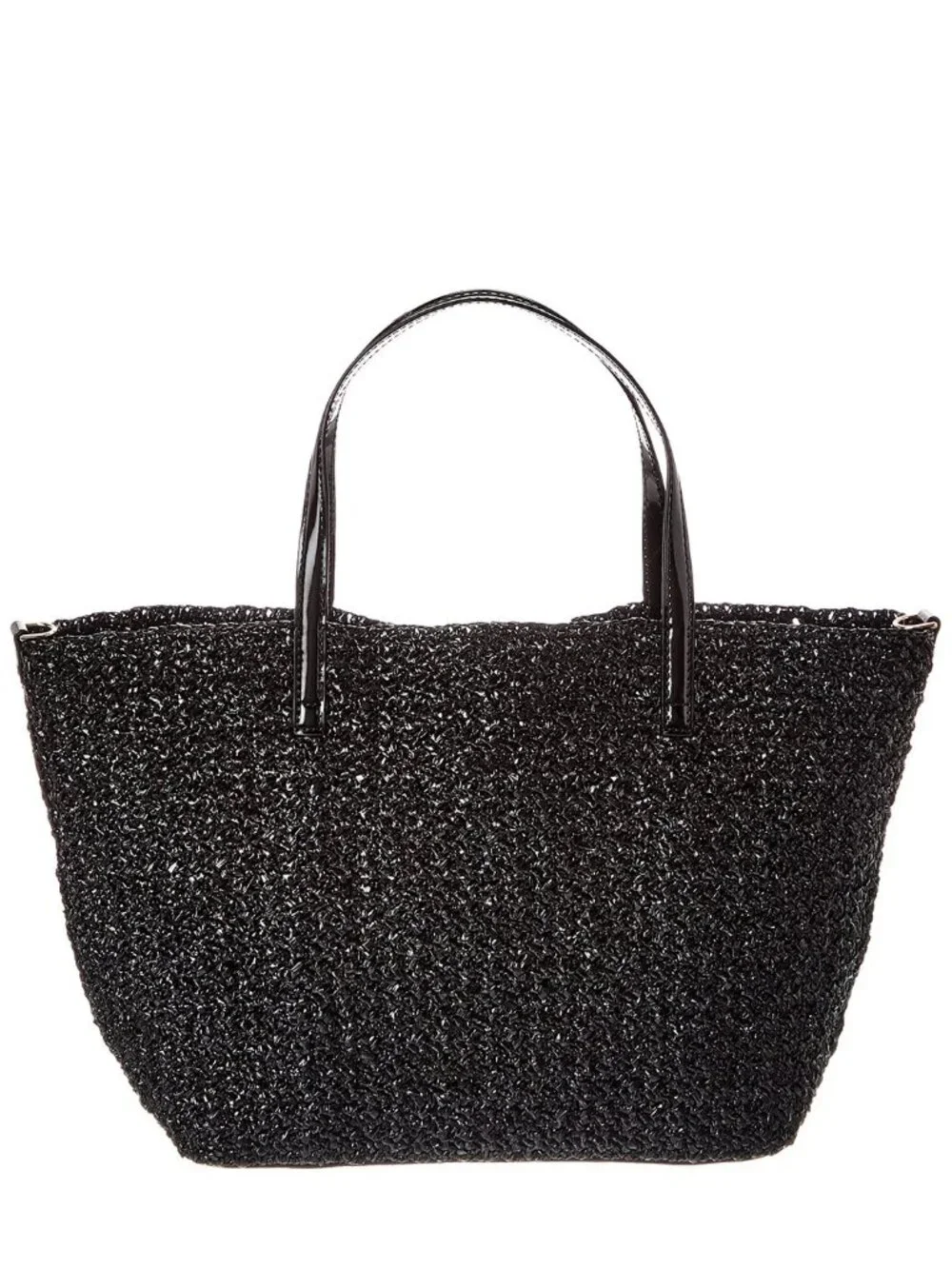 TORY BURCH Emerson Lacquered BLACK Raffia Small Tote